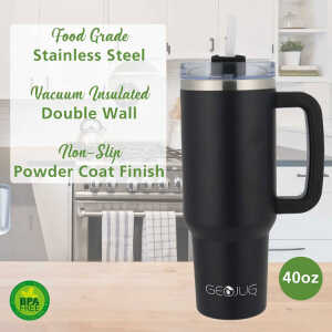 BRENTWOOD 40OZ/1.2L STAINLESS STEEL TRAVEL MUG W/ HANDLE, LID & STRAW BLACK | CMB1200BK - Image 