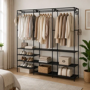 WARDROBE CLOSET RACK WITH SHELVES BLACK | FSK10951 - Image 