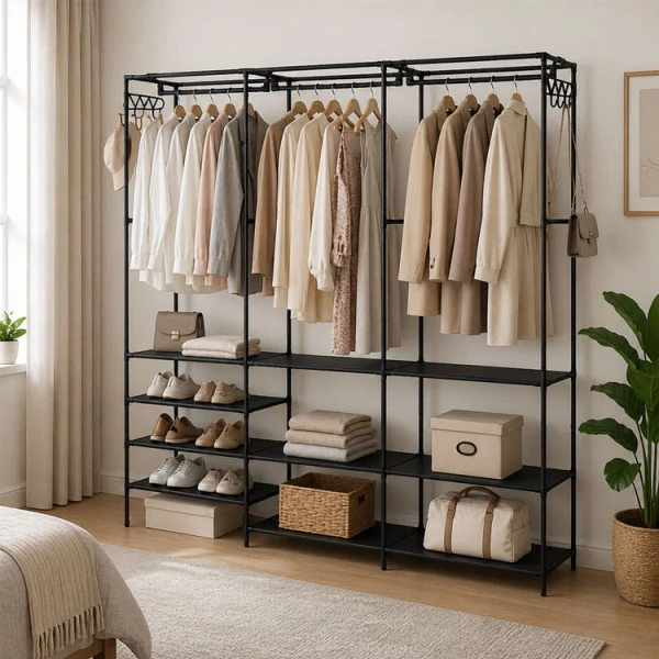 WARDROBE CLOSET RACK WITH SHELVES BLACK | FSK10951 - Image 
