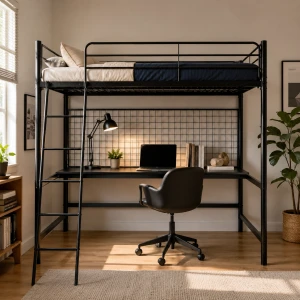 METAL BUNK BED WITH BUREAU BLACK | HS-LFT-BD-001 - Image 