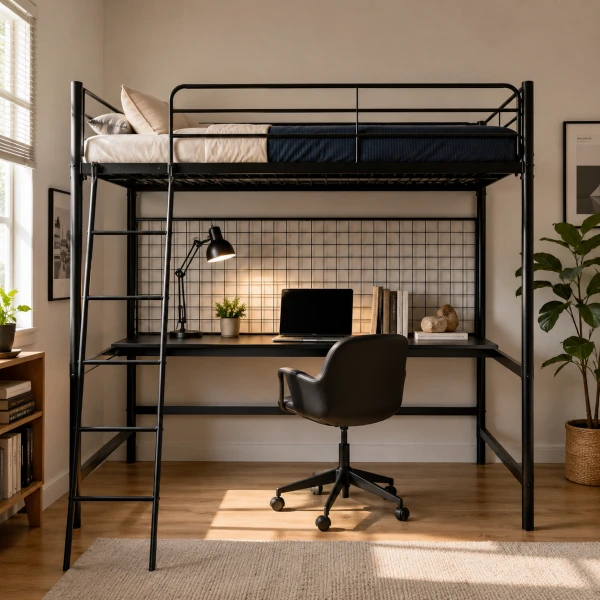 METAL BUNK BED WITH BUREAU BLACK | HS-LFT-BD-001 - Image 