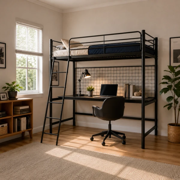 METAL BUNK BED WITH BUREAU BLACK | HS-LFT-BD-001 - Image 