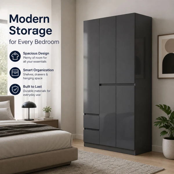 3 DOOR WITH 2 DRAWERS WARDROBE 90X40X180CM GREY | HS435140 - Image 