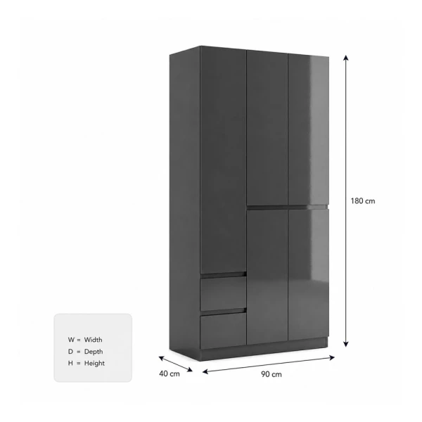 3 DOOR WITH 2 DRAWERS WARDROBE 90X40X180CM GREY | HS435140 - Image 