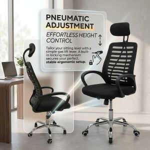 SWIVEL OFFICE CHAIR W/ ADJUSTABLE HEIGHT + HEADREST BLACK | KB-33769 - Image 