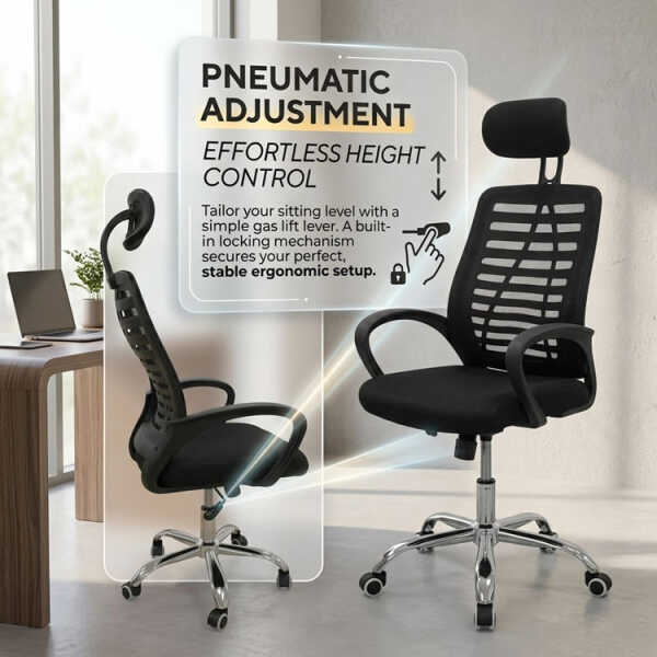 SWIVEL OFFICE CHAIR W/ ADJUSTABLE HEIGHT + HEADREST BLACK | KB-33769 - Image 