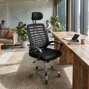 SWIVEL OFFICE CHAIR W/ ADJUSTABLE HEIGHT + HEADREST BLACK | KB-33769 - Image 