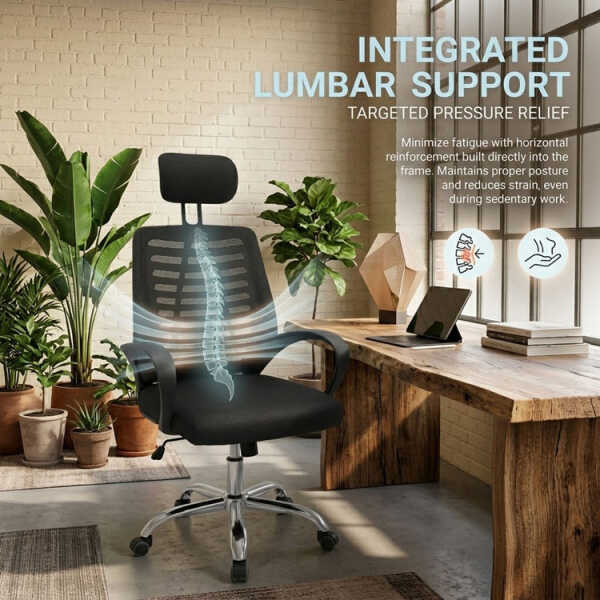 SWIVEL OFFICE CHAIR W/ ADJUSTABLE HEIGHT + HEADREST BLACK | KB-33769 - Image 