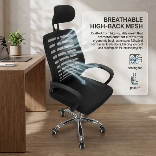 SWIVEL OFFICE CHAIR W/ ADJUSTABLE HEIGHT + HEADREST BLACK | KB-33769 - Image 