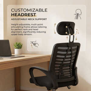 SWIVEL OFFICE CHAIR W/ ADJUSTABLE HEIGHT + HEADREST BLACK | KB-33769 - Image 