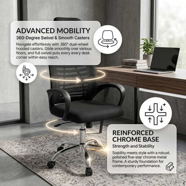 SWIVEL OFFICE CHAIR W/ ADJUSTABLE HEIGHT + HEADREST BLACK | KB-33769 - Image 