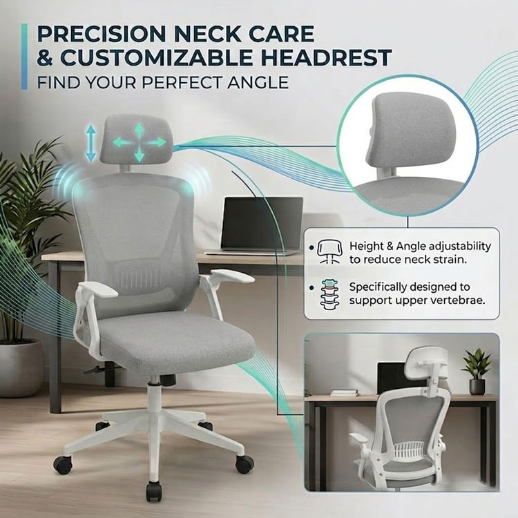 Grey swivel chair with height adjustable headrest.