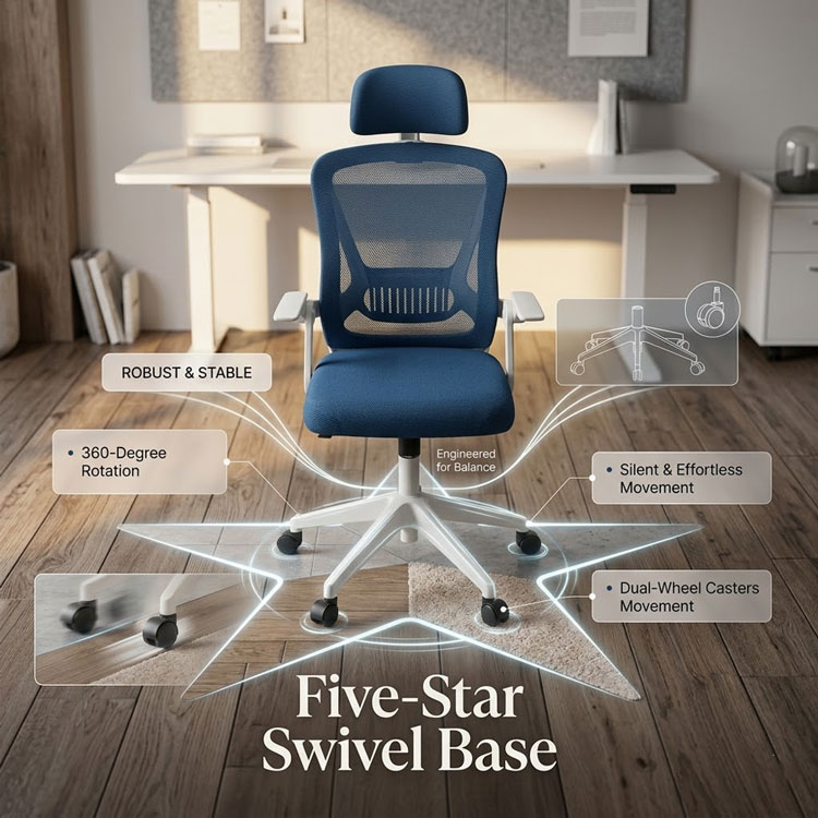 Blue swivel chair on robust five-star base.