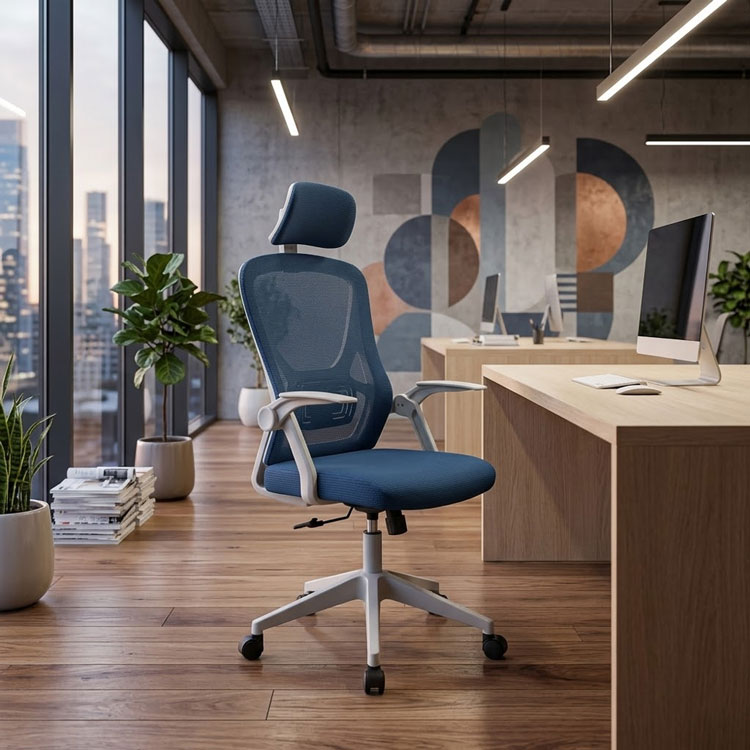 Blue ergonomic swivel chair in stylish office setting.