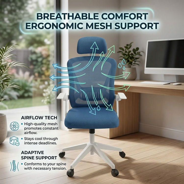 Blue mesh office chair with breathable airflow support.