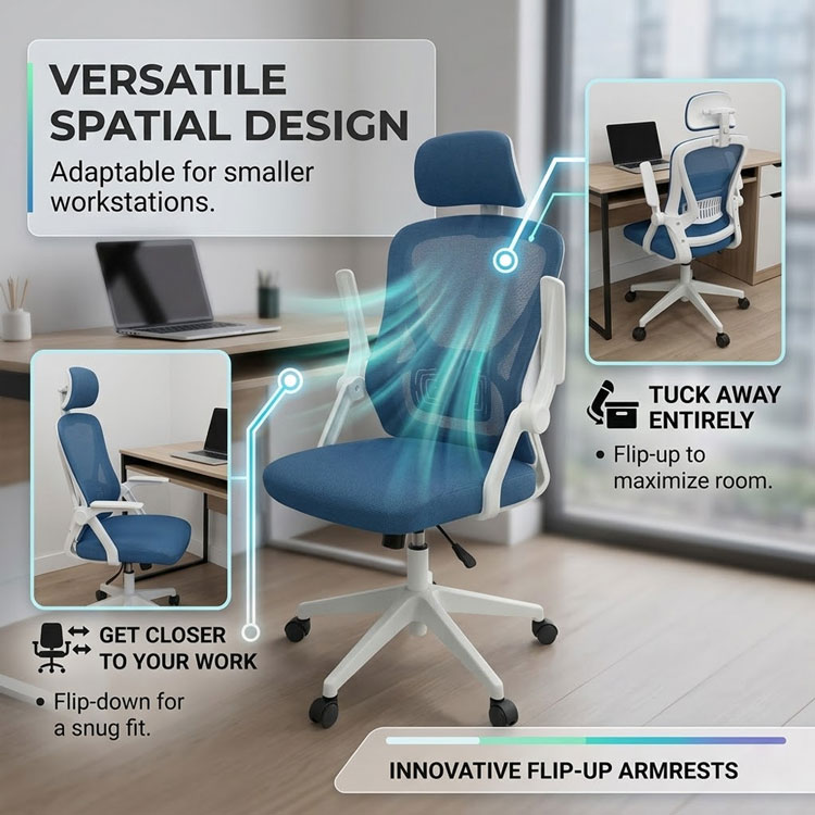 lue office chair with space-saving flip-up armrests.