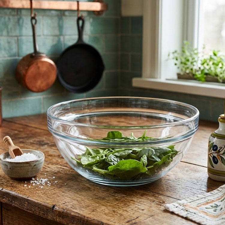 Clear glass bowl with fresh spinach on wood.