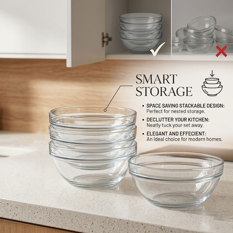 Stacked clear glass bowls in a white cabinet.