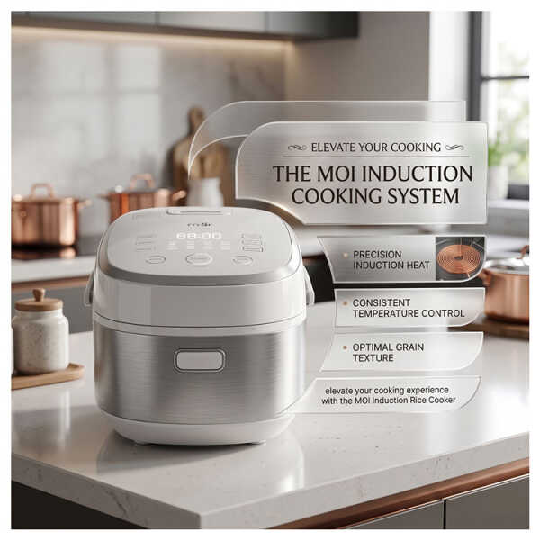 MOI INDUCTION 1L / 5 CUPS UNCOOKED RICE COOKER STAINLESS STEEL WHITE | MRCD9CDW - Image 