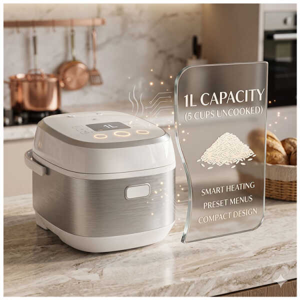 MOI INDUCTION 1L / 5 CUPS UNCOOKED RICE COOKER STAINLESS STEEL WHITE | MRCD9CDW - Image 