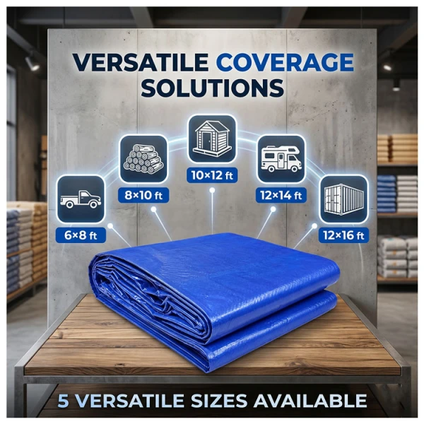 The waterproof blue tarpaulin is available in five convenient sizes