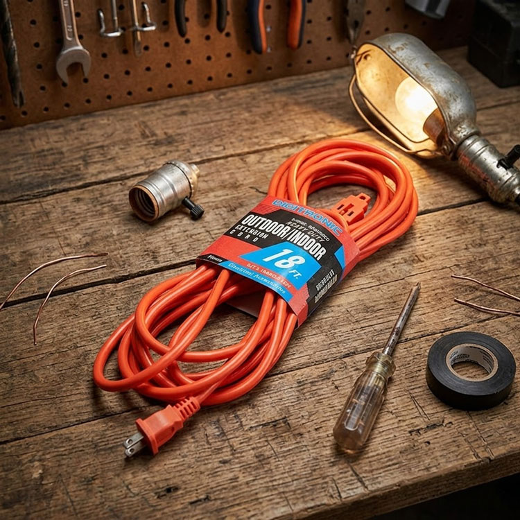 18ft Digitronic orange extension cord on wooden workbench.
