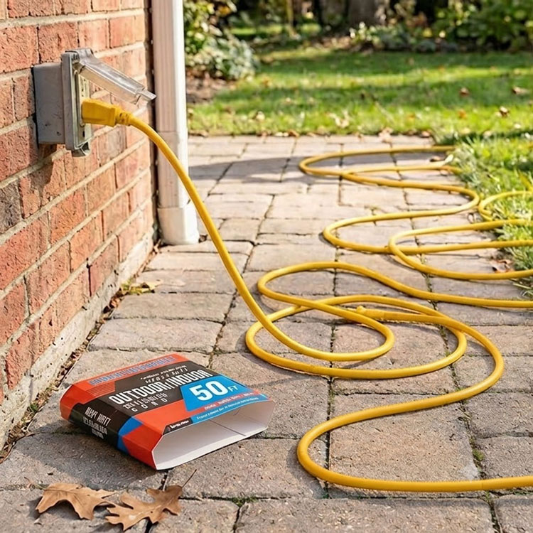 Yellow 50ft outdoor extension cord plugged into outlet.