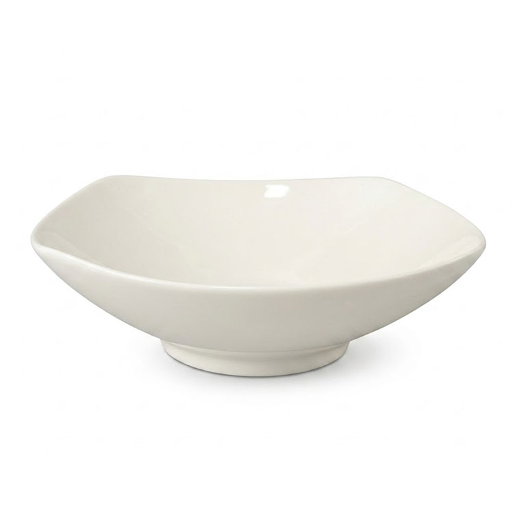 Modern 8-inch white square ceramic bowl isolated.