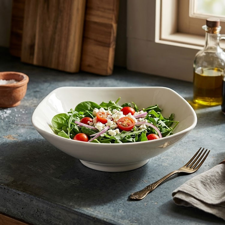 Modern 8-inch white square ceramic pasta bowl.