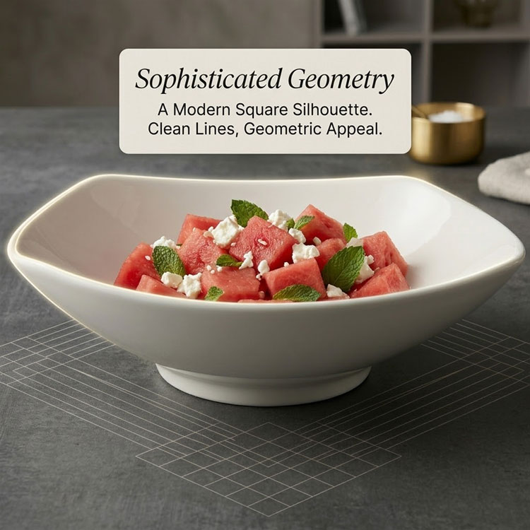 Close-up of stain-resistant white ceramic salad bowl.
