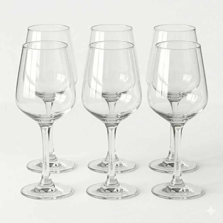 Set of six clear stemmed wine glasses.