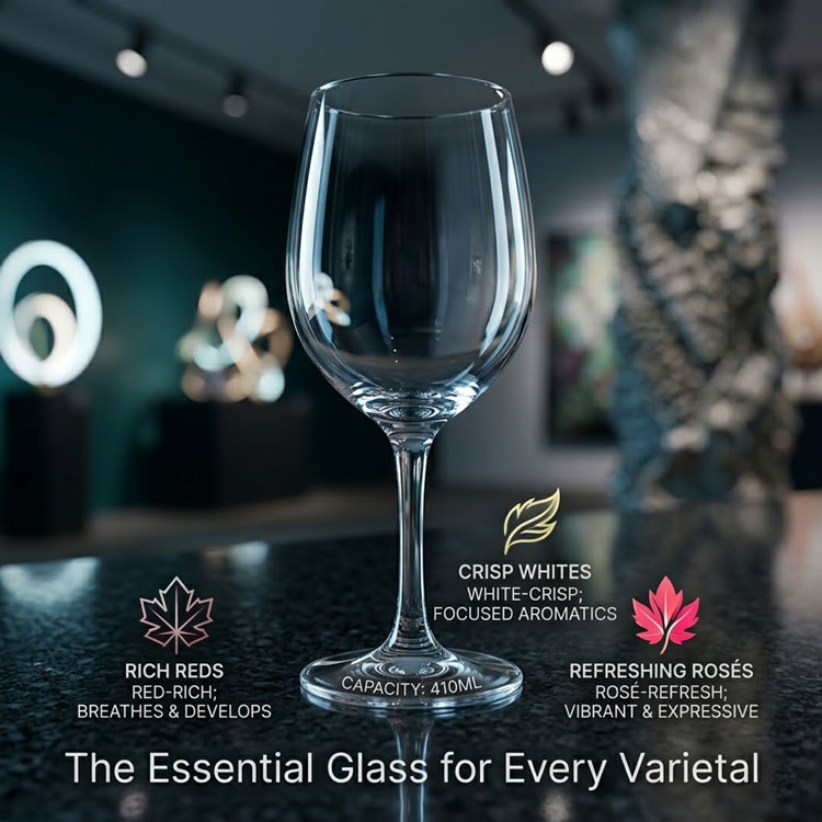 Single 410ml stemmed wine glass for all varietals.