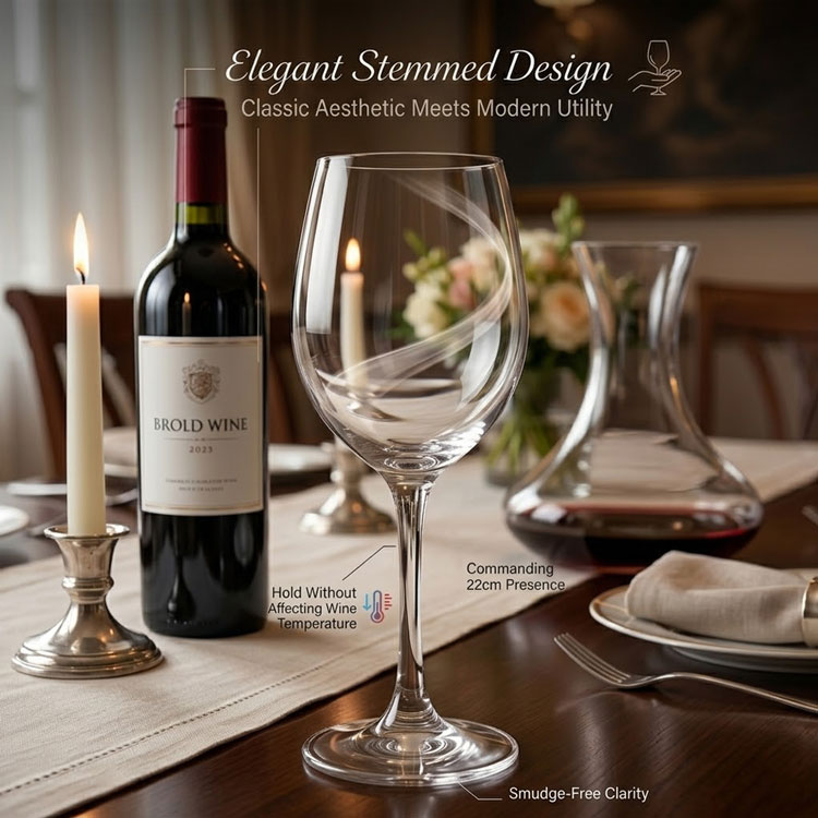 22cm stemmed wine glass next to red wine bottle.