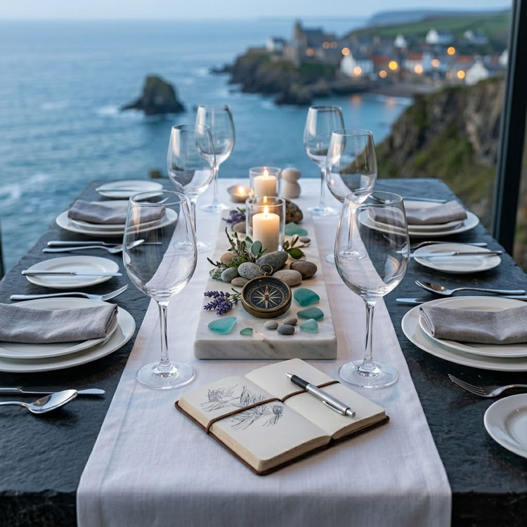 Elegant outdoor table setting with wine glasses overlooking ocean.