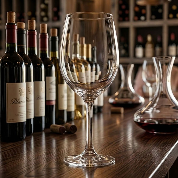 Premium transparent wine glass in professional bar setting.