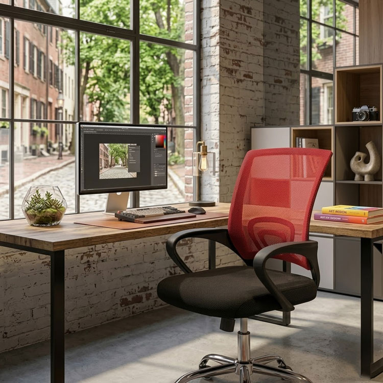 Red mesh office chair at wooden laptop desk.