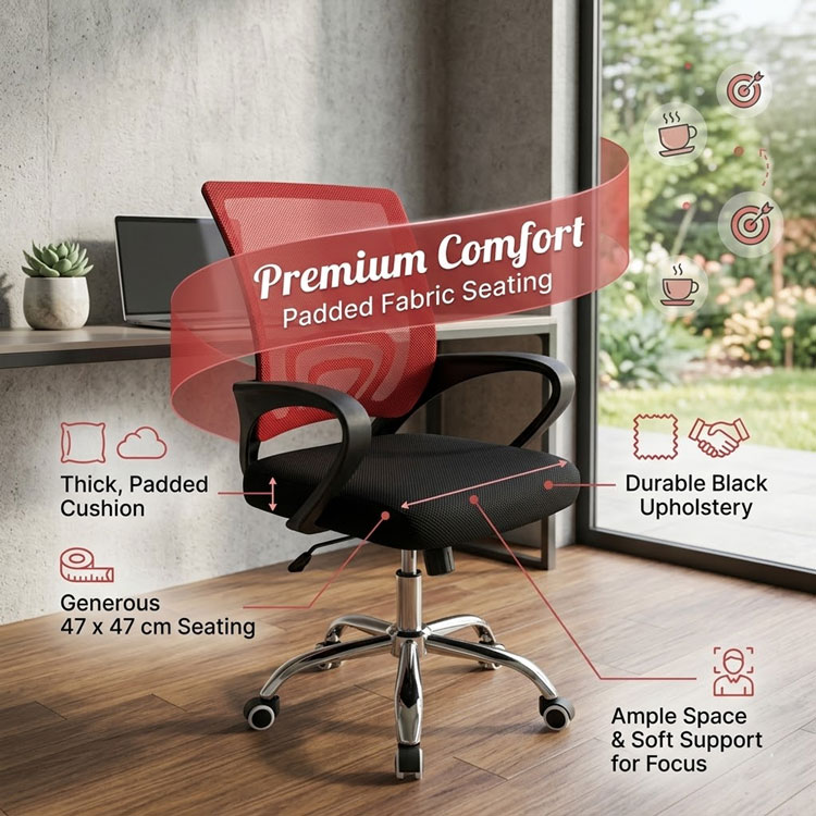 Red office chair highlighting padded fabric seat dimensions.