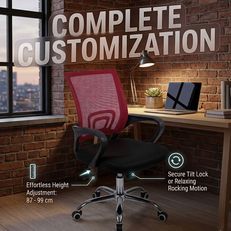 Red ergonomic chair showing height adjustment and tilt.
