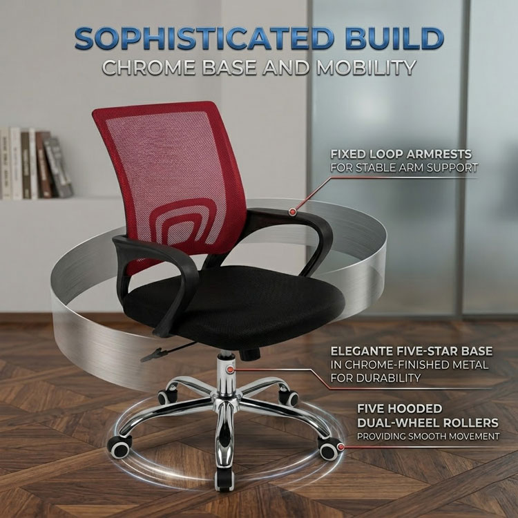 Red chair with chrome base and loop armrests.