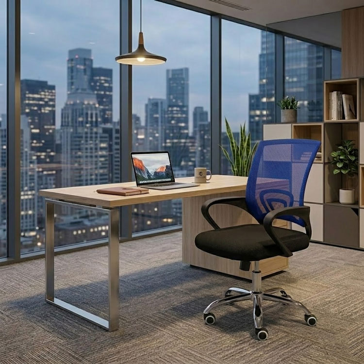 Blue ergonomic mesh office chair in modern skyscraper.