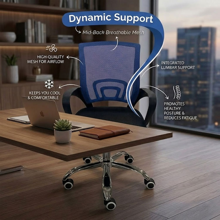 Blue mesh back chair showing lumbar support features.