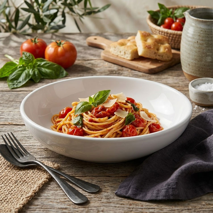 White ceramic pasta bowl with tomato basil spaghetti.