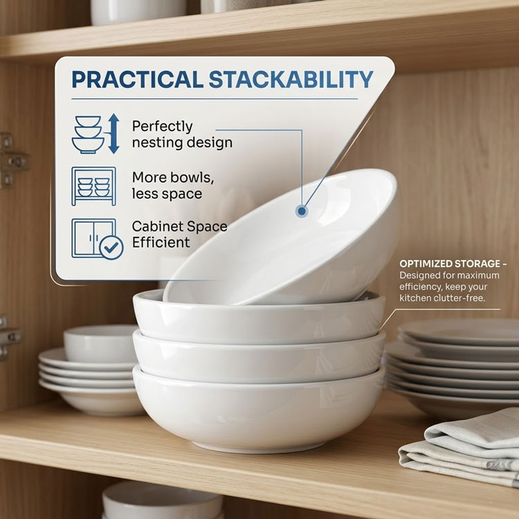 Stackable white ceramic bowls stored in kitchen cabinet.
