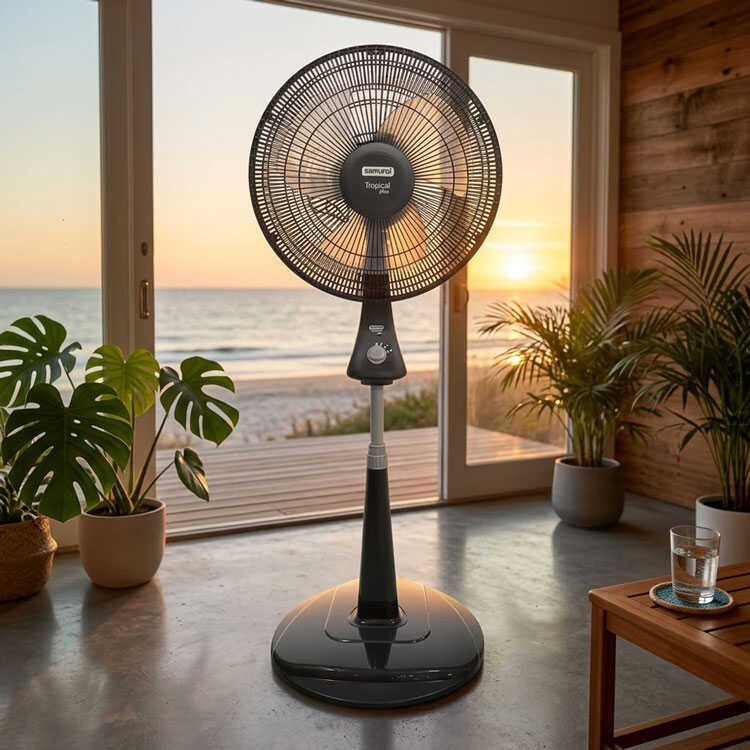 Black pedestal fan in home living room
