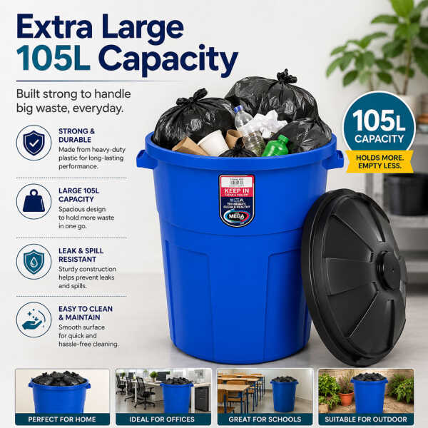 PLASTIC 105L DUSTBIN WITH LID | 1136MEGA - Image 