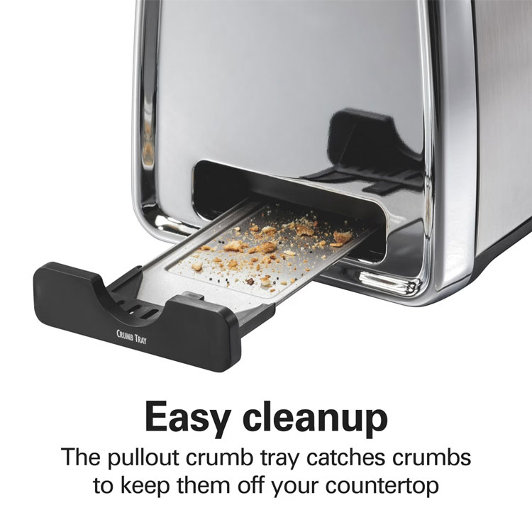 Pullout crumb tray sliding out of chrome toaster
