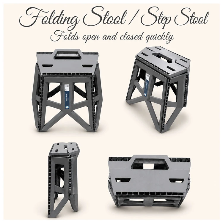 Compact plastic folding stool in a modern grey color