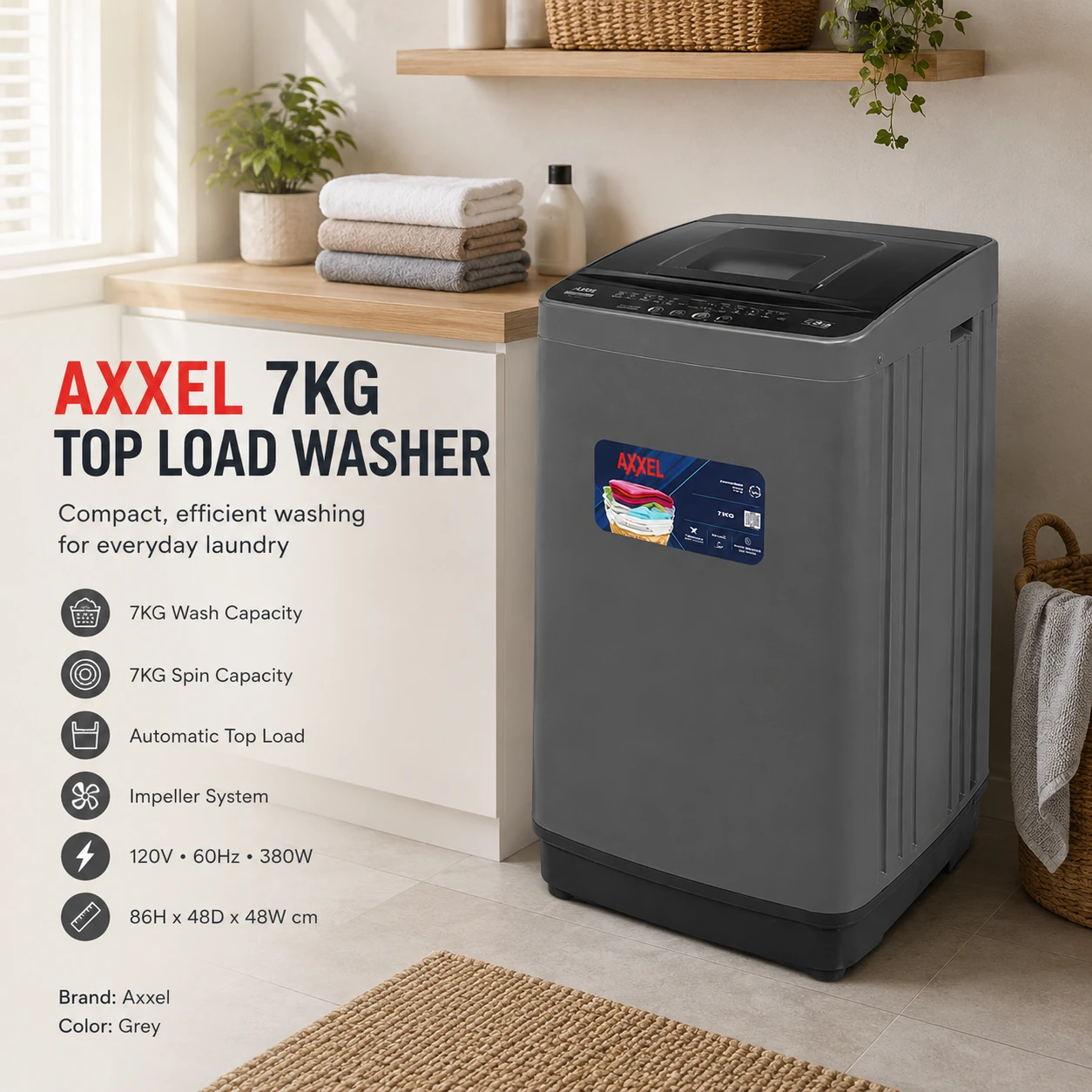 Axxel Grey 7kg Top Load Washing Machine