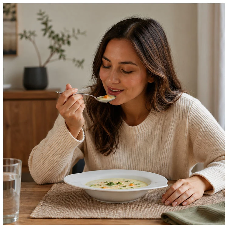 Woman enjoying soup from the ELEGANT 9 inch white deep plate AS-6934