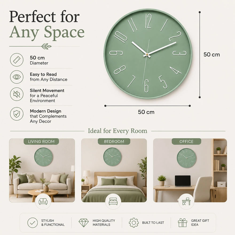 Decorative wall clock with minimalist style above a sofa in a bright living room